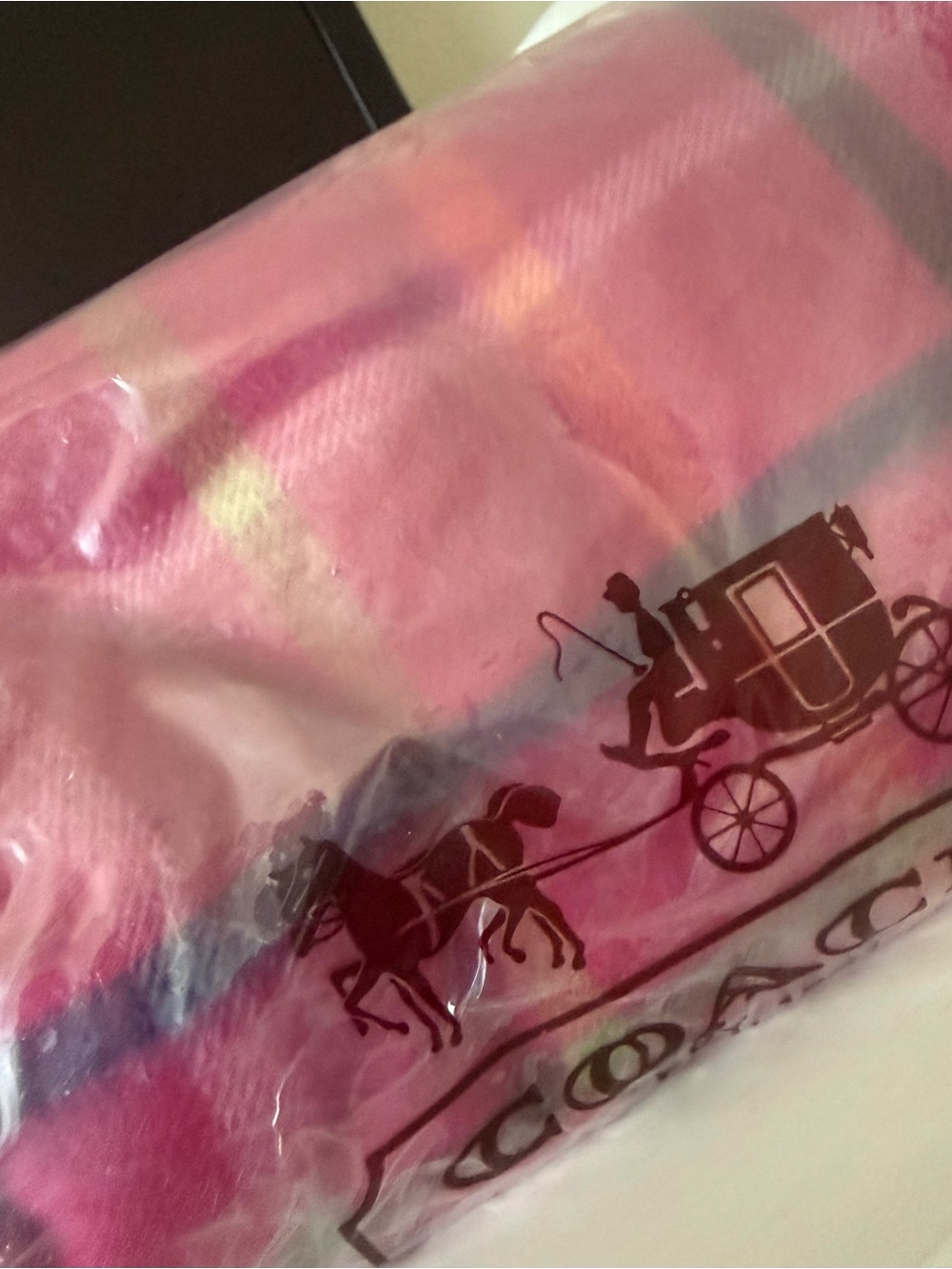 Coach legacy cashmere fringe plaid scarf PINK neck wrap - Picture 10 of 11